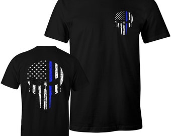 Thin Blue Line Shirt Police Shirt Blue Lives Matter LEO USA Flag Skull Men's T-Shirt