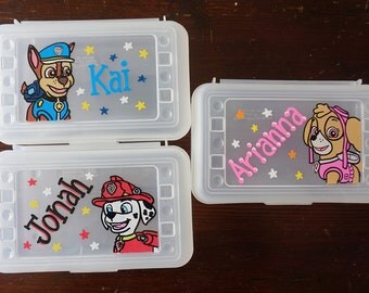 Paw Patrol Personalized Pencil Box, hand painted, school supplies storage, kids party favor, paw patrol party favors, art supplies storage
