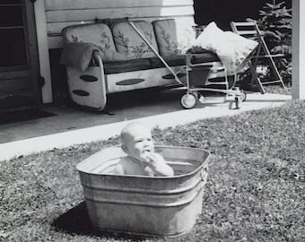 Baby in Galvanized Tub Black White Funny Photo Vintage 1950s Paper Altered Art Supply Ephemera Snapshot Old Photo Collectibles #14