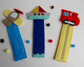 3 Felt bookmarks set -Little readers gift-Train bookmark-Airplane bookmark-Boat bookmark-Readers gift-Book accesory-Readers club gift