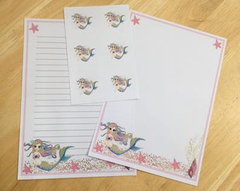 Fantasy mermaid letter writing paper set and 6 envelope seals
