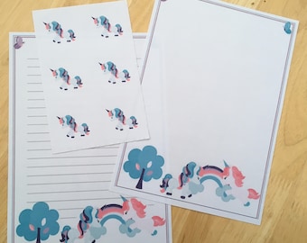 Rainbow unicorn letter writing paper with 6 envelope seals