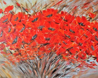 Warm summer. Original oil painting on canvas, abstraction, art and collecting, red flower, impasto art on canvas by Alekseenko 32x24 inches
