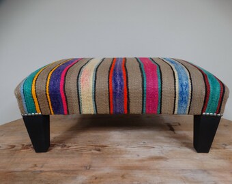 Footstool / footstool covered in old kilim