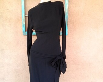 Vintage 1940s Dress Black Rayon 40s Bias Cut Goth US2 B34 W 25