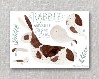 Rabbit Articulated Paper Doll, Illustrated Print, Puppet, Craft, Decoration, Scrapbooking
