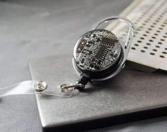 Brown Recycled Circuit Board Retractable Badge Holder, Badge Reel, Geeky Gift, Engineer Gift, Computer Programmer, Information Technology