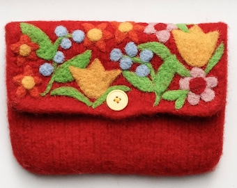 Felted bag pouch red wool purse bag hand knit needle colorful felted flowers