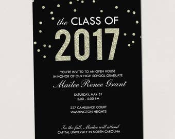 Glitter confetti graduation party invitation, class of 2017, graduation open house, printable invitation