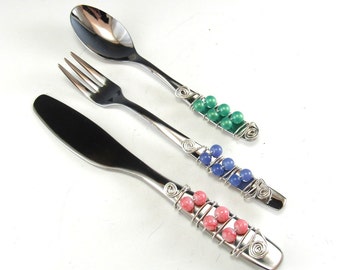 Appetizer Fork, Spoon, and Knife/Set of 3 Beaded Knife Fork and Spoon/Beaded Hors'dourve Utensils/