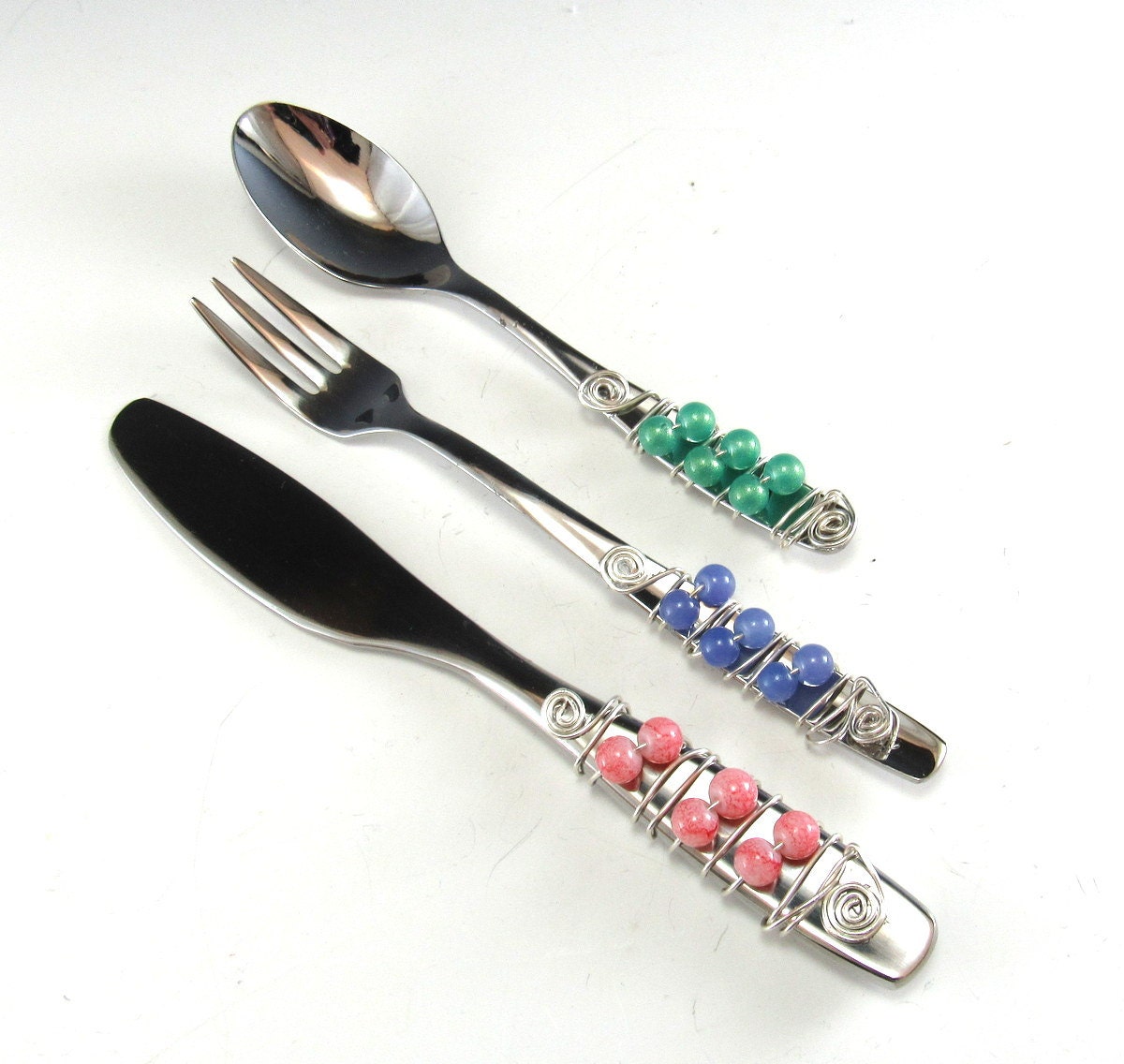 Appetizer Fork Spoon and Knife/Set of 3 Beaded Knife Fork