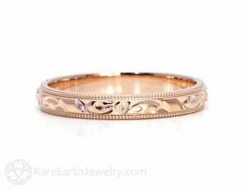 Engraved Wedding Band Vintage Wedding Ring 3mm Floral Flower Design in 14K 18K White Yellow or Rose Gold Platinum