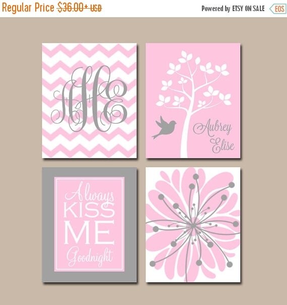 PINK GRAY Nursery Wall Art Canvas or Prints Baby Girl by TRMdesign