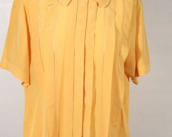 SPIGA 31 VINTAGE Yellow Silk SHORT sleeve shirt pintuck blouse sz 40 it ga