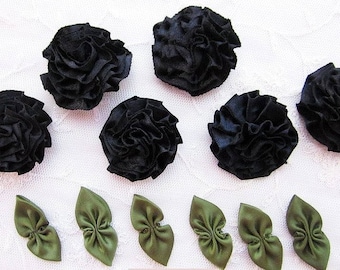6 pc BLACK 6 pc GREEN Satin Ribbon Fabric Flower Applique Shabby Chic Baby Doll Carnation Cabbage Rose Bow