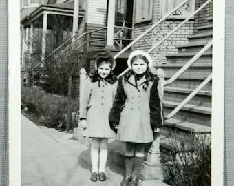 Two Cute Little Girls Coats, Hats, Knee Socks 1940's Vintage Snapshot Photograph 16244