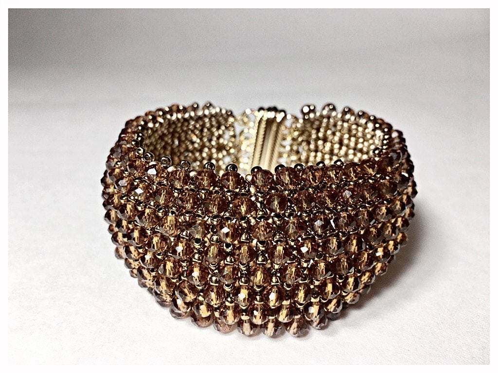 Amber Crystal Bead Cuff Brown Crystal Beaded Bracelet Crystal