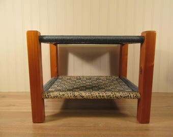 Wood stool with woven top and lower level with woven top- great design, solid, beautiful and functional
