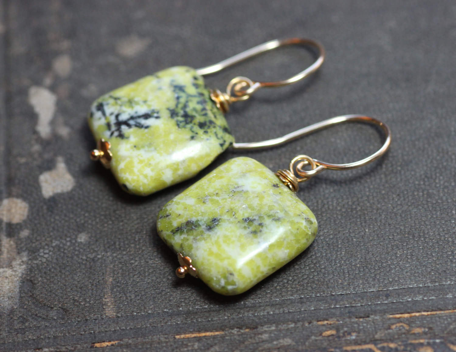 Green Serpentine Earrings Green Stone Gold Rustic Jewelry