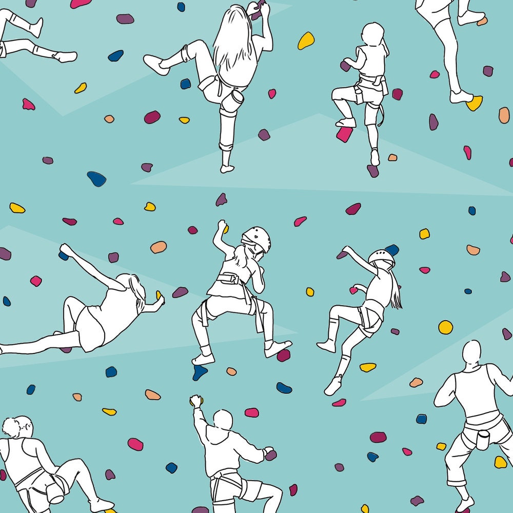 Rock Climbing Fabric Rock Climbers On Pale Blue By Landpenguin