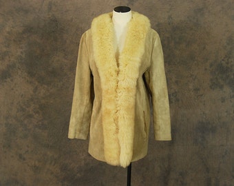 vintage 60s Shearling Coat - 1960s Fur Trimmed Tan Suede Coat Beige Leather Fur Collar Coat Sz L