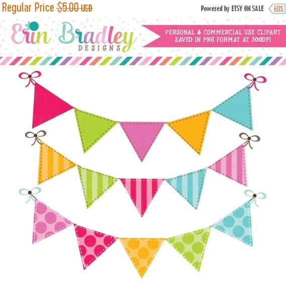 50% OFF SALE Colorful Bunting Clipart Clip Art Banner Flags for Personal & Commercial Use Il_570xn
