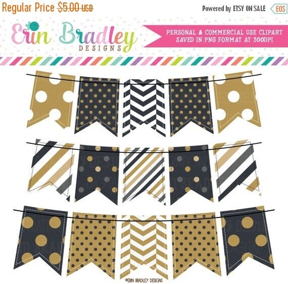 50% OFF SALE New Years Black & Gold Bunting Clipart Holiday Clip Art Graphics Banner Flags Il_570xn