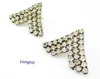 Rhinestone Earrings Chevron Pierced Post Silver tone
