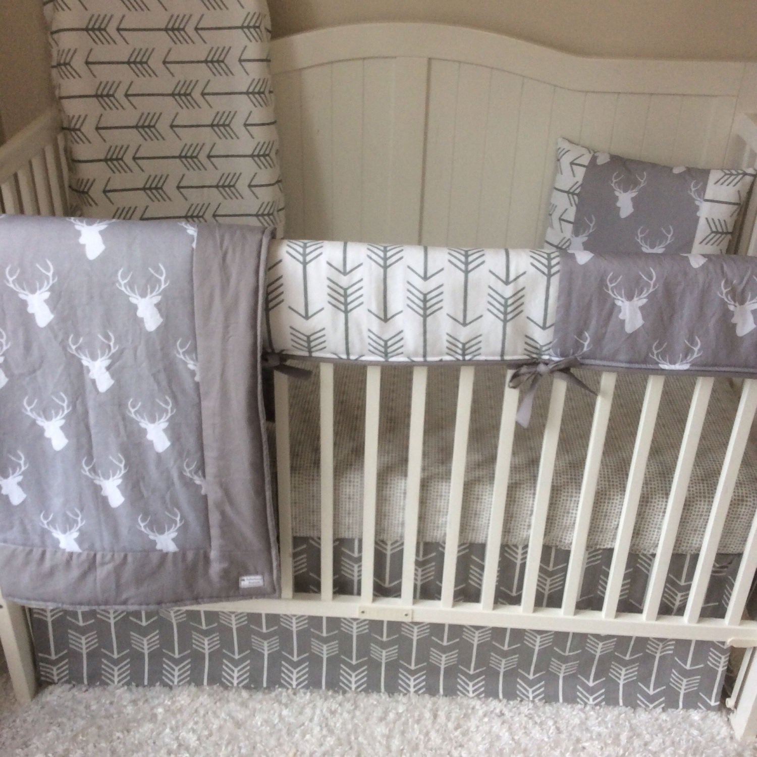 Crib Bedding Neutral in White and Gray Stag and Arrows