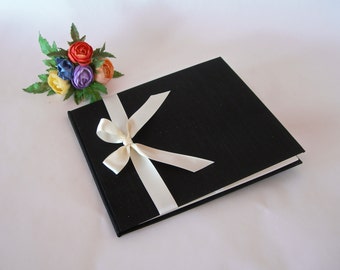 Lined guest book - black silk with ivory satin ribbon - 8x9in 20x23cm - Ready to ship