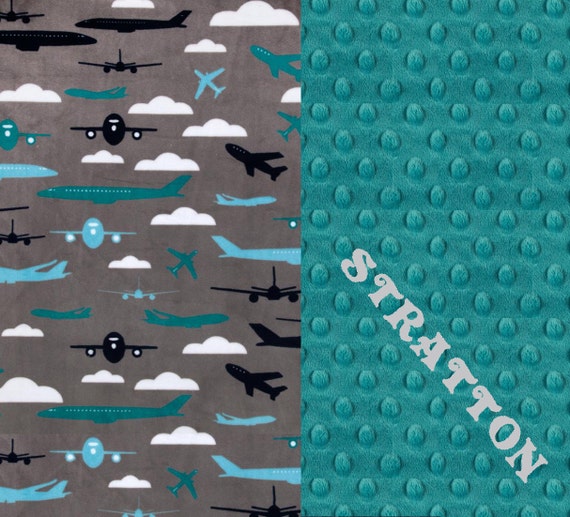 Personalized Baby Blanket / Minky Baby Blanket Boy, Teal & Gray // Airplane Baby Blanket // Plane Baby Blanket / Baby Bedding