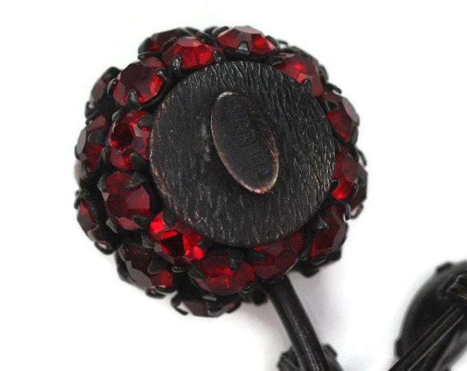 Red Rhinestone Cherry Brooch Warner Japanned Metal Vintage