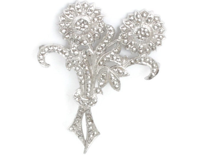Marcasite Sterling Flower Brooch Double Blossoms Vintage