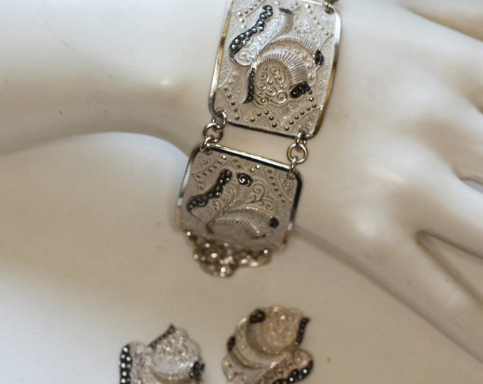 Enameled Aluminum Bracelet Earrings Faux Marcasites Vintage Set