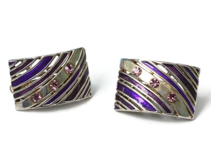 Purple Rhinestone and Enamel Earrings Purple and Marsala Enamel Curved Pierced Design Vintage