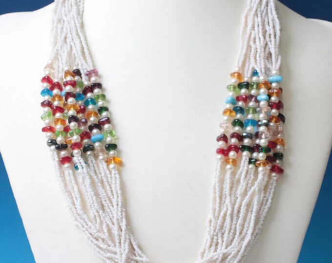 White Seed Bead Boho Necklace Faux Pearls Multi Color Beads Multi Strand Necklace Vintage