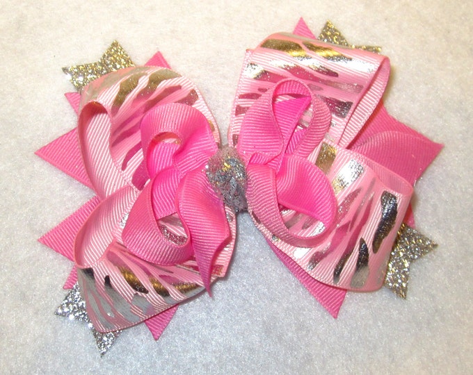Pink Metallic Bow, Zebra Hairbows, Pink Zebra Bow, Silver Glitter Bow, Boutique Hair Bows, Silver Zebra Bow, Girls Hairbows, Pink Hairbows
