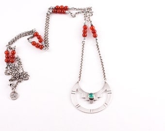 Eye-catching design of red carnelian beads and light green peridot, a unique boho Mexican inspired opera length necklace - "Azteca Necklace"