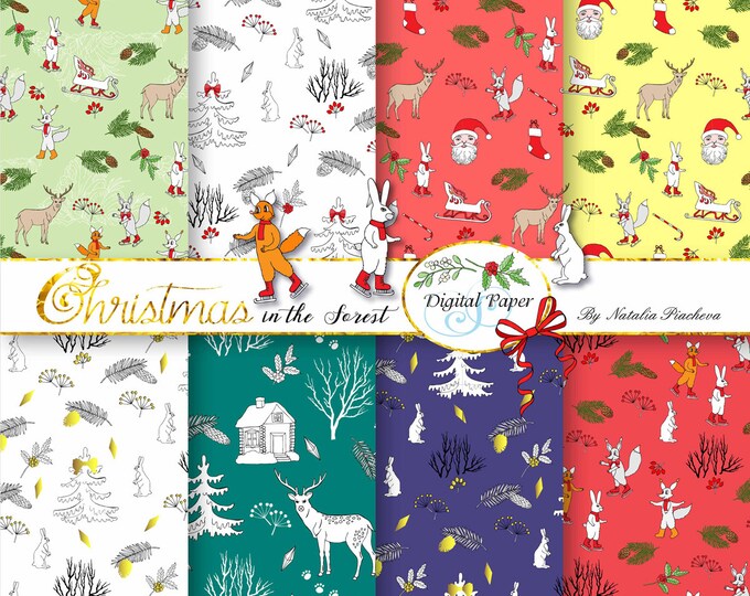 Digital Paper Christmas in the Forest. Poinsettia, mistletoe, squirrel, deer, Santa, tree, poinsettia, sledge, forest, deer
