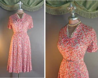 50s dress 1940s vintage PINK LILACS PRINT floral lavender sheer cotton voile full skirt dress