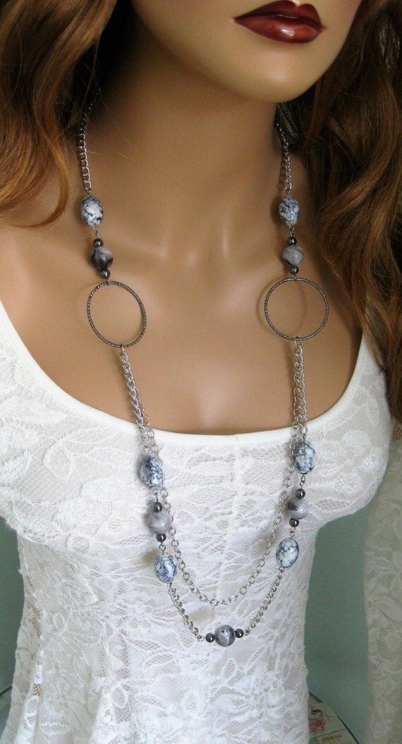 Long Grey Chunky Beaded Necklace Multi Strand Silver Chain