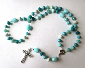 Blue Green Catholic Rosary with Miraculous Medal Center, Teal and Aqua Color Rosary