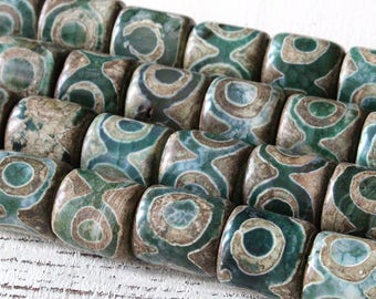 Tibetan Agate Beads - 15x15mm Agate Drum Beads - Jewelry Making Supplies - Large Barrel Beads - Rustic Green Tribal