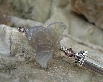 Grey Agate Hair Stick Carved Gemstone Flower and Crystal Floral Hairsticks Japanese Geisha Hair Sticks Kanzashi Hair Pins Chopsticks -Amina