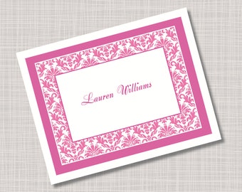 Custom Magenta Pink Damask Name Note Cards