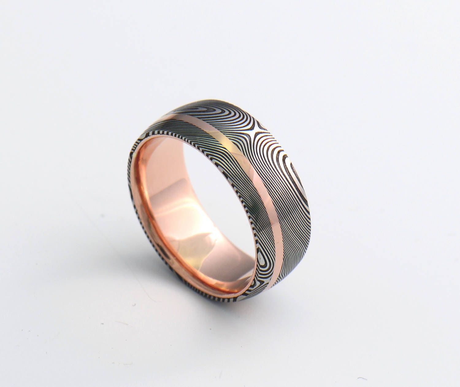 Genuine stainless Damascus Steel and Rose Gold Mens Ring PD81