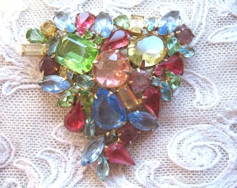Vintage Large Rhinestone Brooch ~ Pastel Fruit Salad ~ Open Backed Rhinestones