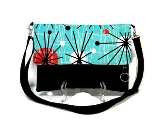 Turquoise Foldover Bag, Crossbody Bag, Zipper Foldover Purse, Cross Body Bag, Adjustable Strap, Removable Strap, Zipper Clutch, Dots