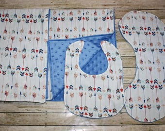 Arrow Blanket, Bib and Burp Cloth Set- Baby Boy Blanket, Bib and Burp Cloth Set-Nursery Blanket Set- Baby shower Gift- Baby Quilt