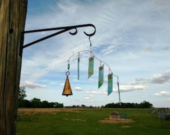 Asymmetrical blue, green and pink stained glass wind chime and sun catcher - brockus creations